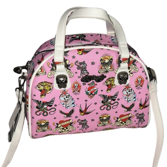 ED HARDY PINK BOWLER HEART & SWORD  EAGLE TIGER SNAKE SKULL BIRDS SATCHEL NWT - Picture 4 of 9